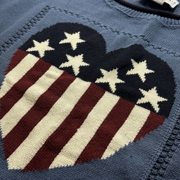 Vintage 100% Handknit Heart American Flag Blue Crewneck Sweater Woman's Size XL - Picture 3 of 5